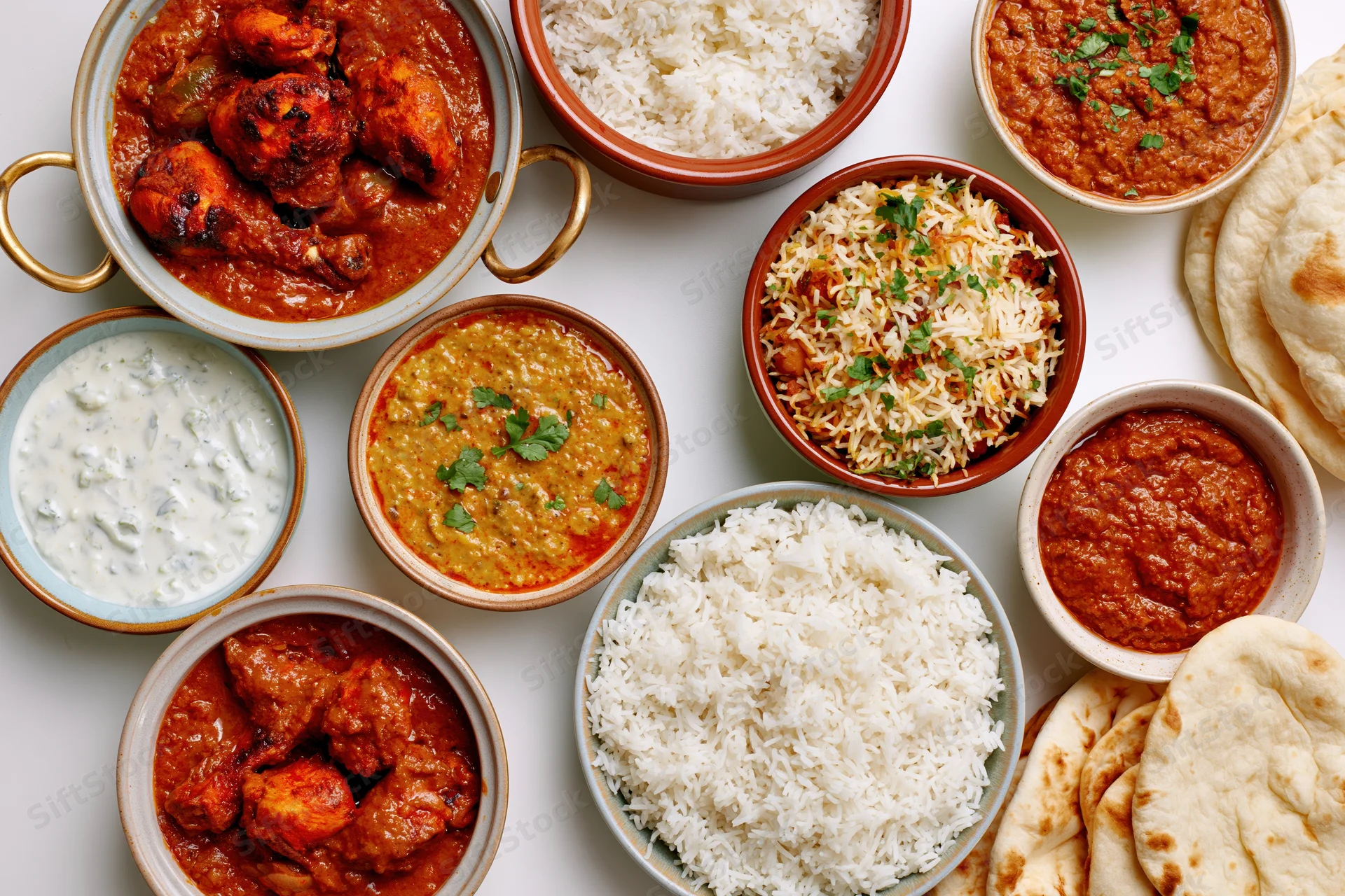 Overhead flat lay of an indian food spread with multiple bowls of curry, rice, naan and raita on a white surface