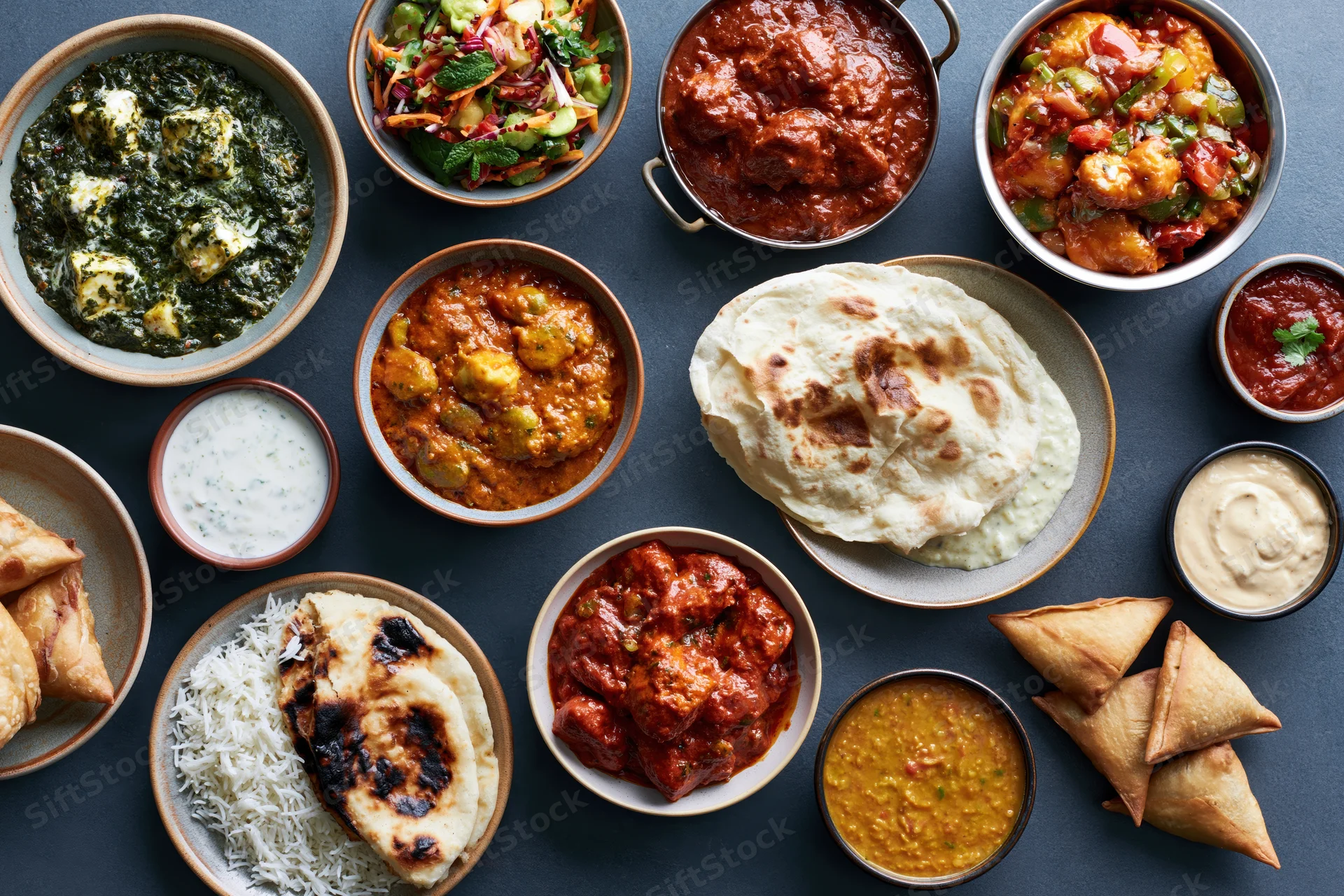 Overhead flat lay of an indian meal spread across a dark slate surface with various curries, breads, and side dishes arranged in bowls and plates