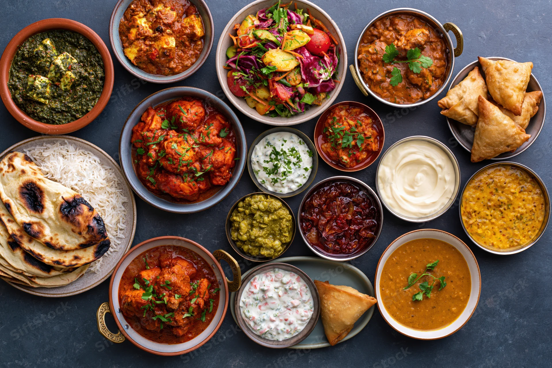 Overhead flat lay of an indian meal spread across a dark slate surface with various curries, naan, rice, samosas, and chutneys in ceramic and metal bowls