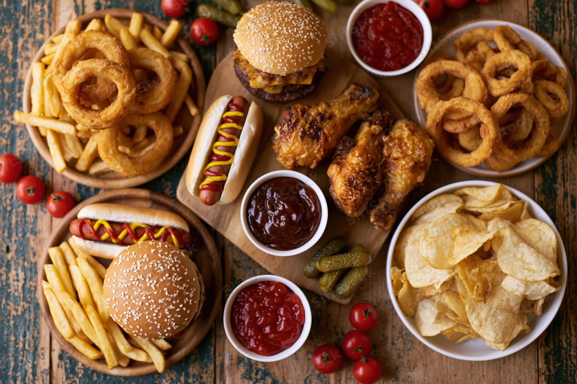 Overhead flat lay of assorted american fast food spread on wooden table with burgers, fries, onion rings, hot dogs, chicken wings, chips, ketchup, barbecue sauce, pickles, and tomatoes