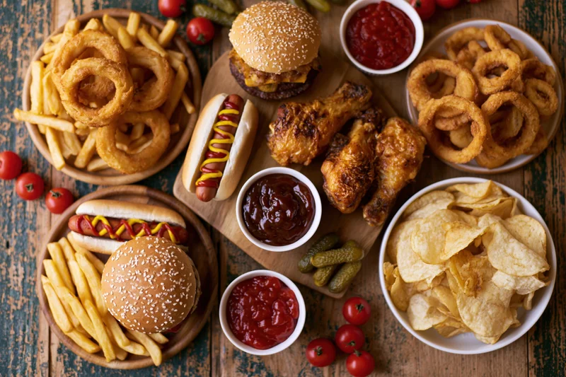 Overhead flat lay of assorted american fast food spread on wooden table with burgers, fries, onion rings, hot dogs, chicken wings, chips, ketchup, barbecue sauce, pickles, and tomatoes