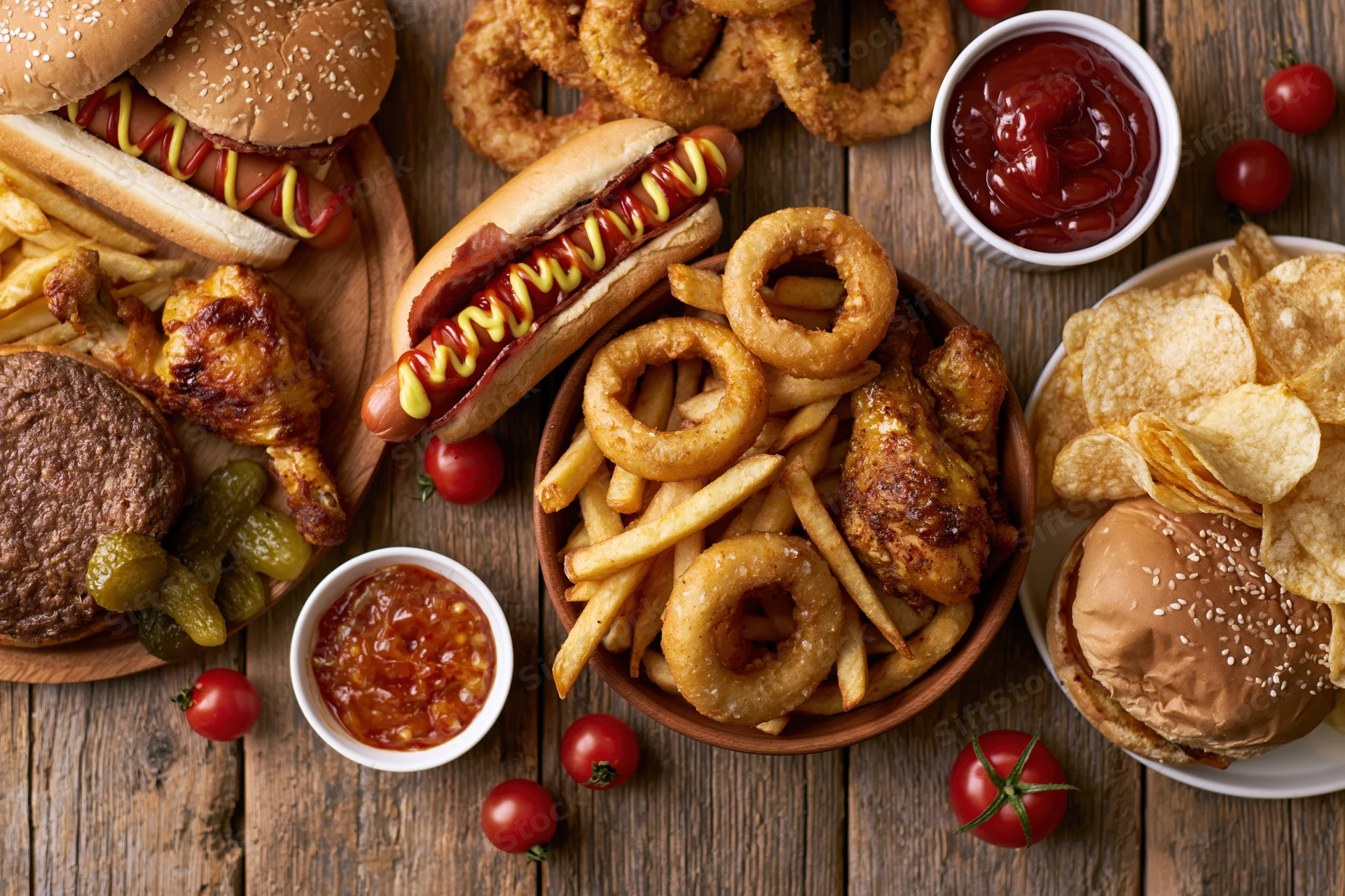 Overhead flat lay of assorted american fast food spread on wooden table with burgers, hot dogs, fries, onion rings, chicken wings, chips, and condiments