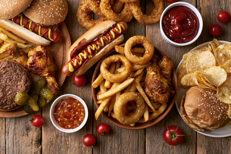 Overhead flat lay of assorted american fast food spread on wooden table with burgers, hot dogs, fries, onion rings, chicken wings, chips, and condiments