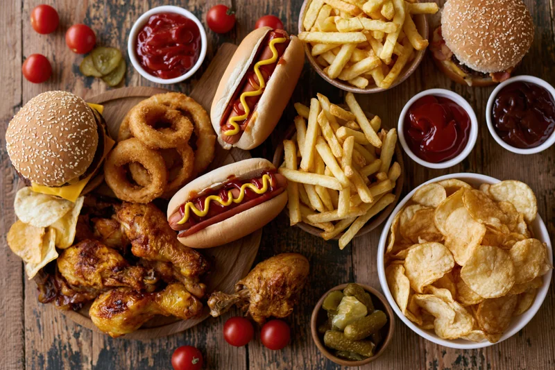 Overhead flat lay of assorted american fast food spread on wooden table with burgers, hot dogs, fries, onion rings, chicken wings, chips, and condiments