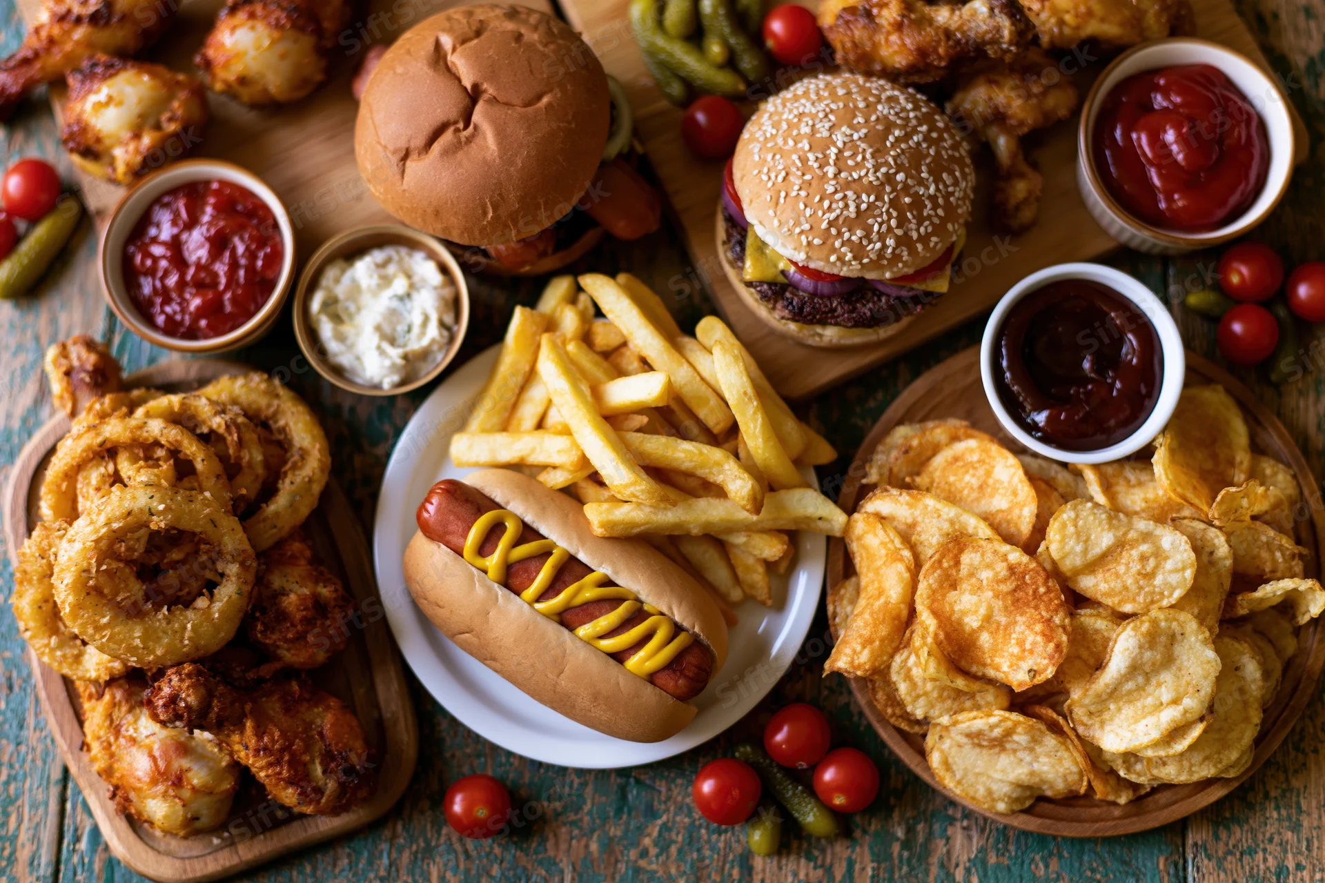 Overhead flat lay of assorted american fast food spread on wooden boards with condiments and sides