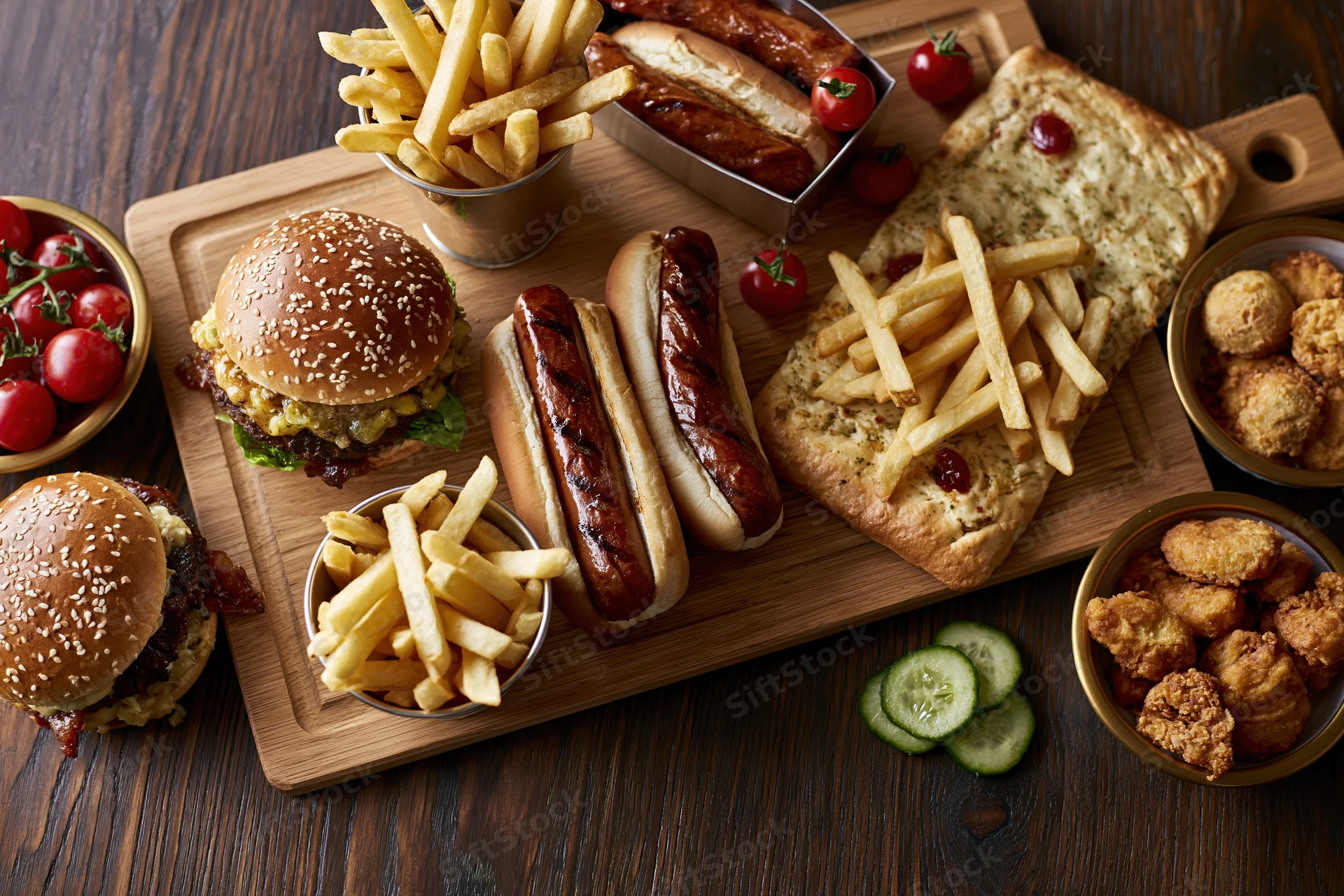 Overhead flat lay of assorted fast food items arranged on a wooden board with sides and garnishes