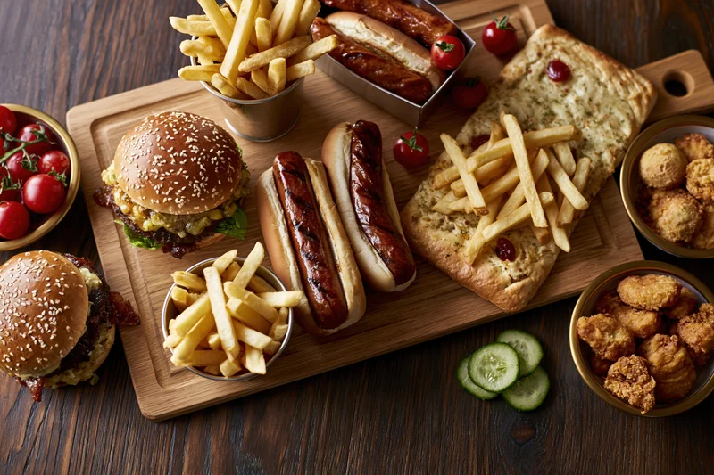 Overhead flat lay of assorted fast food items arranged on a wooden board with sides and garnishes