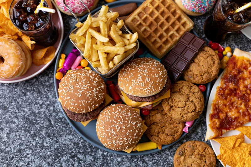 Overhead flat lay of assorted junk food spread across a dark surface