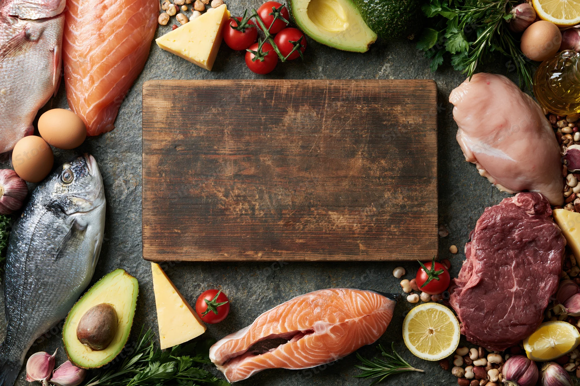 Empty worn wooden cutting board surrounded by raw food ingredients on dark stone surface