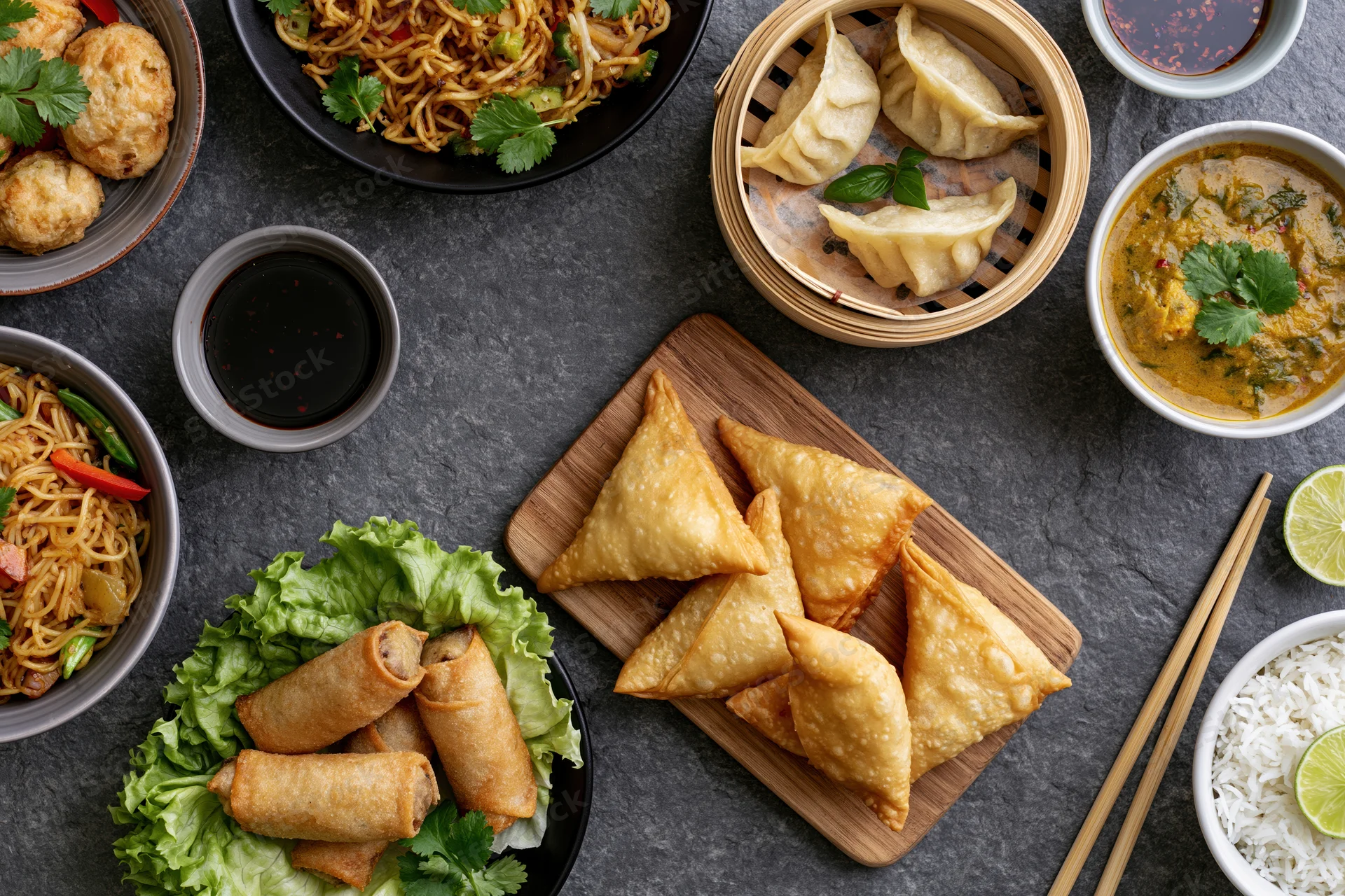 Overhead flat lay of assorted asian appetizers and dishes on dark surface with chopsticks and garnishes