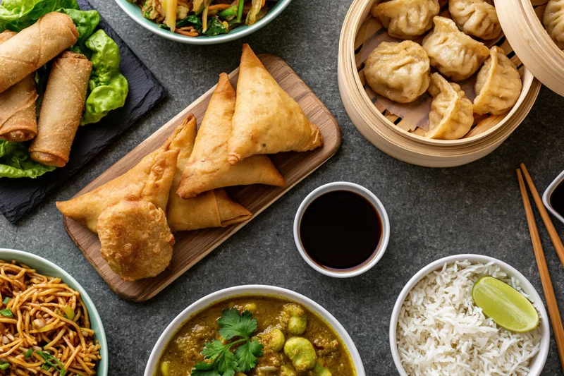 Overhead flat lay of assorted asian appetizers and dishes on dark surface