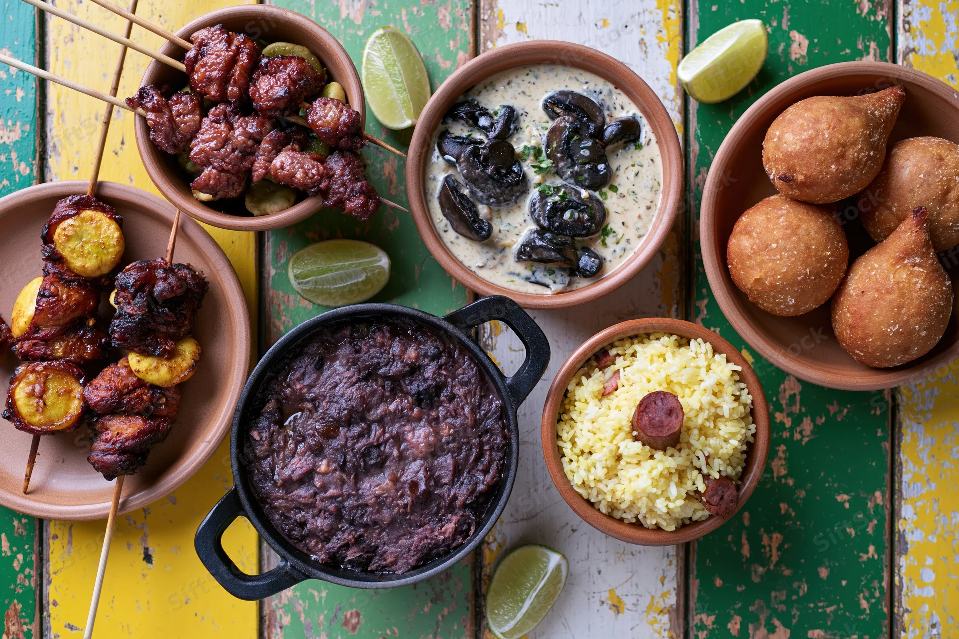 Assorted brazilian dishes arranged on a rustic wooden table in overhead flat lay view