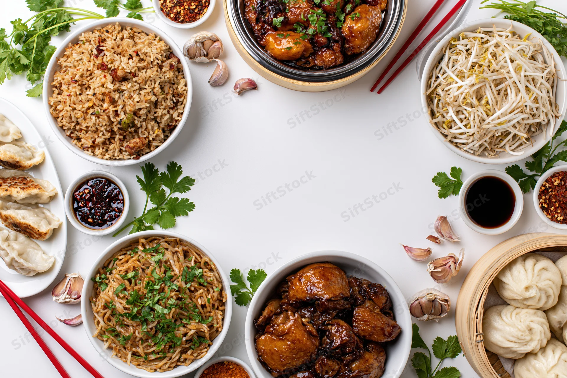 Overhead flat lay of assorted chinese dishes arranged in a circle on white surface with chopsticks and garnishes