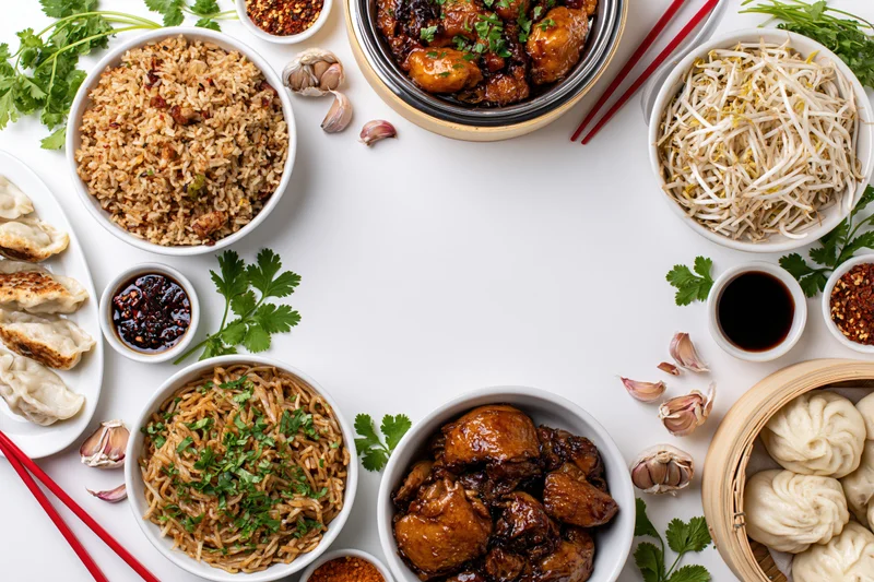 Overhead flat lay of assorted chinese dishes arranged in a circle on white surface with chopsticks and garnishes