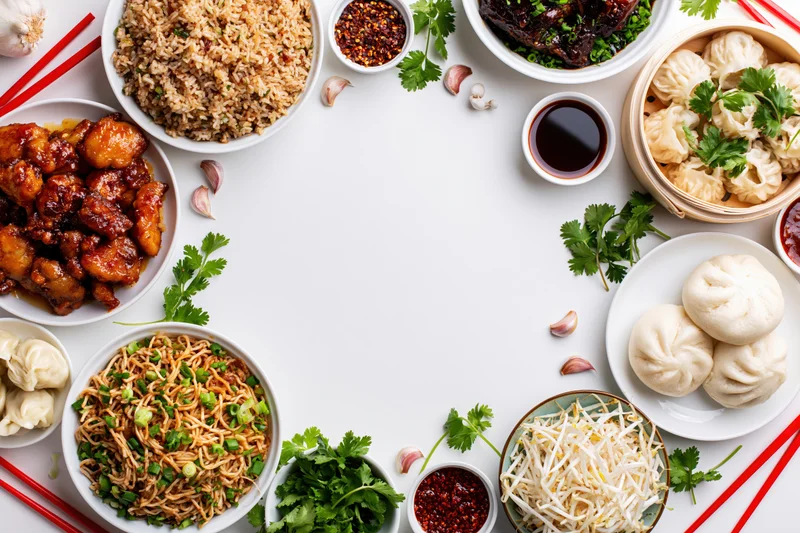 Assorted chinese dishes arranged in a circle on white surface with chopsticks and garnishes