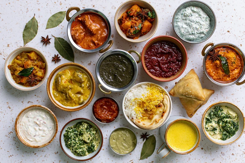 Overhead flat lay of assorted Indian dishes arranged on a speckled white surface