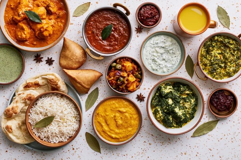Overhead flat lay of assorted indian dishes arranged on a light surface with naan, rice, curries, samosas, chutneys, and spices