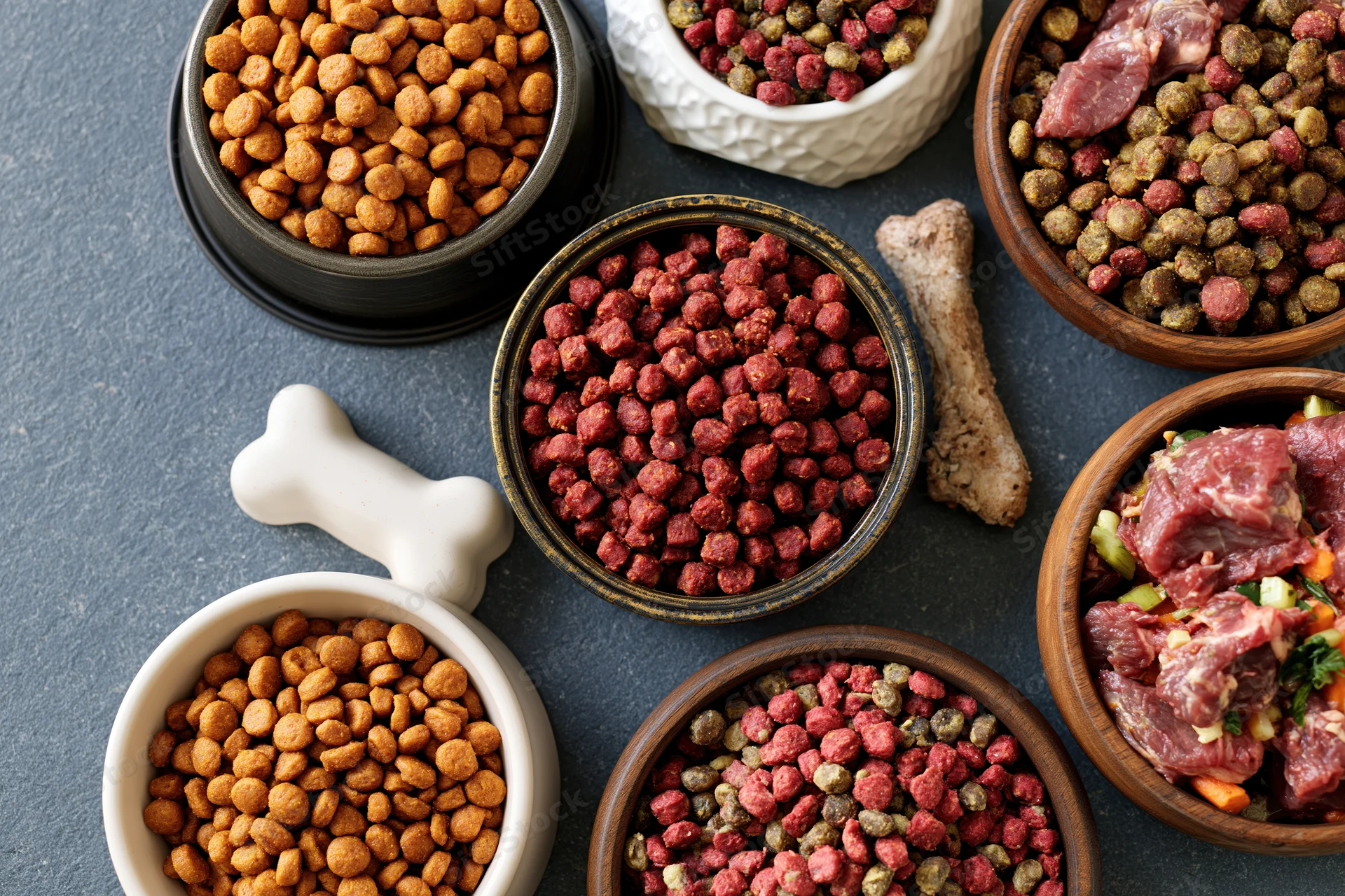 Overhead flat lay of assorted dry and wet dog foods in bowls and containers on gray surface