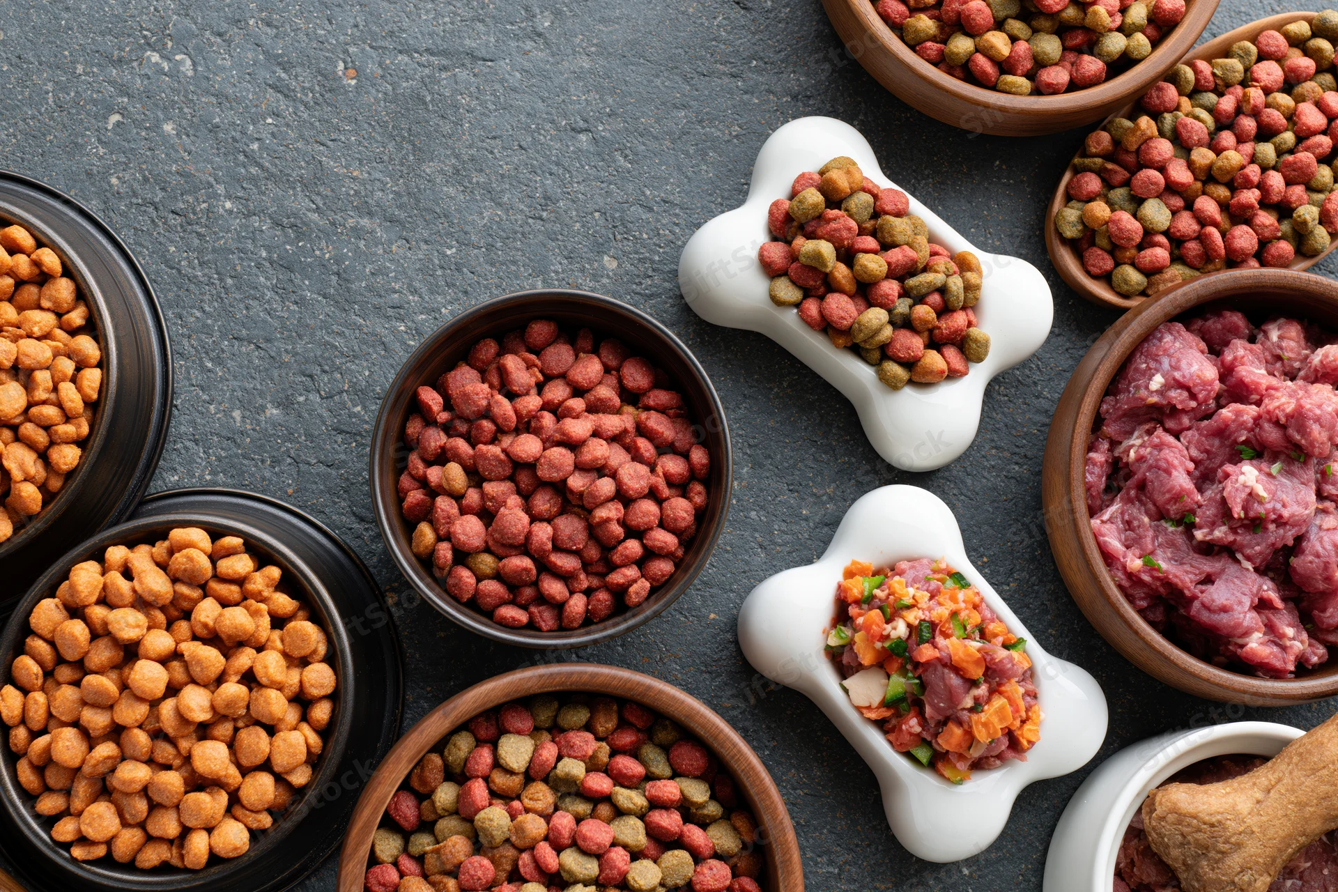 Overhead flat lay of assorted dry and wet dog foods in bowls and bone-shaped dishes on dark surface