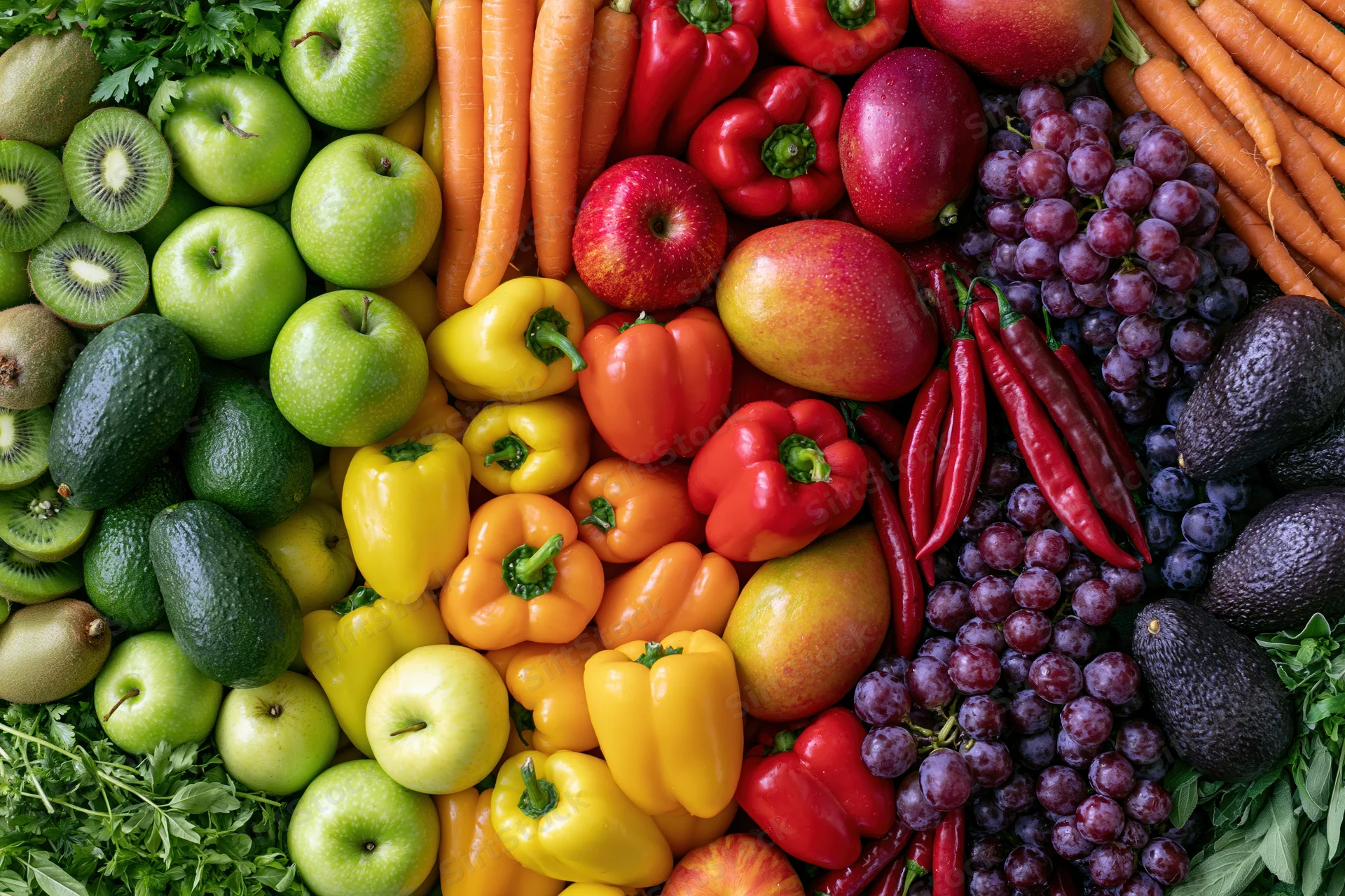 Overhead flat lay of assorted fresh fruits and vegetables arranged in colorful rows