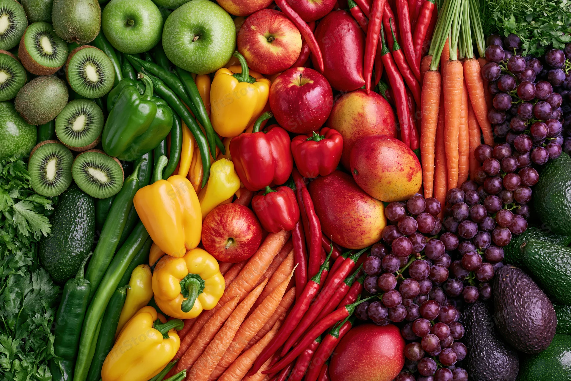 Overhead flat lay of assorted fresh fruits and vegetables arranged in a colorful pattern
