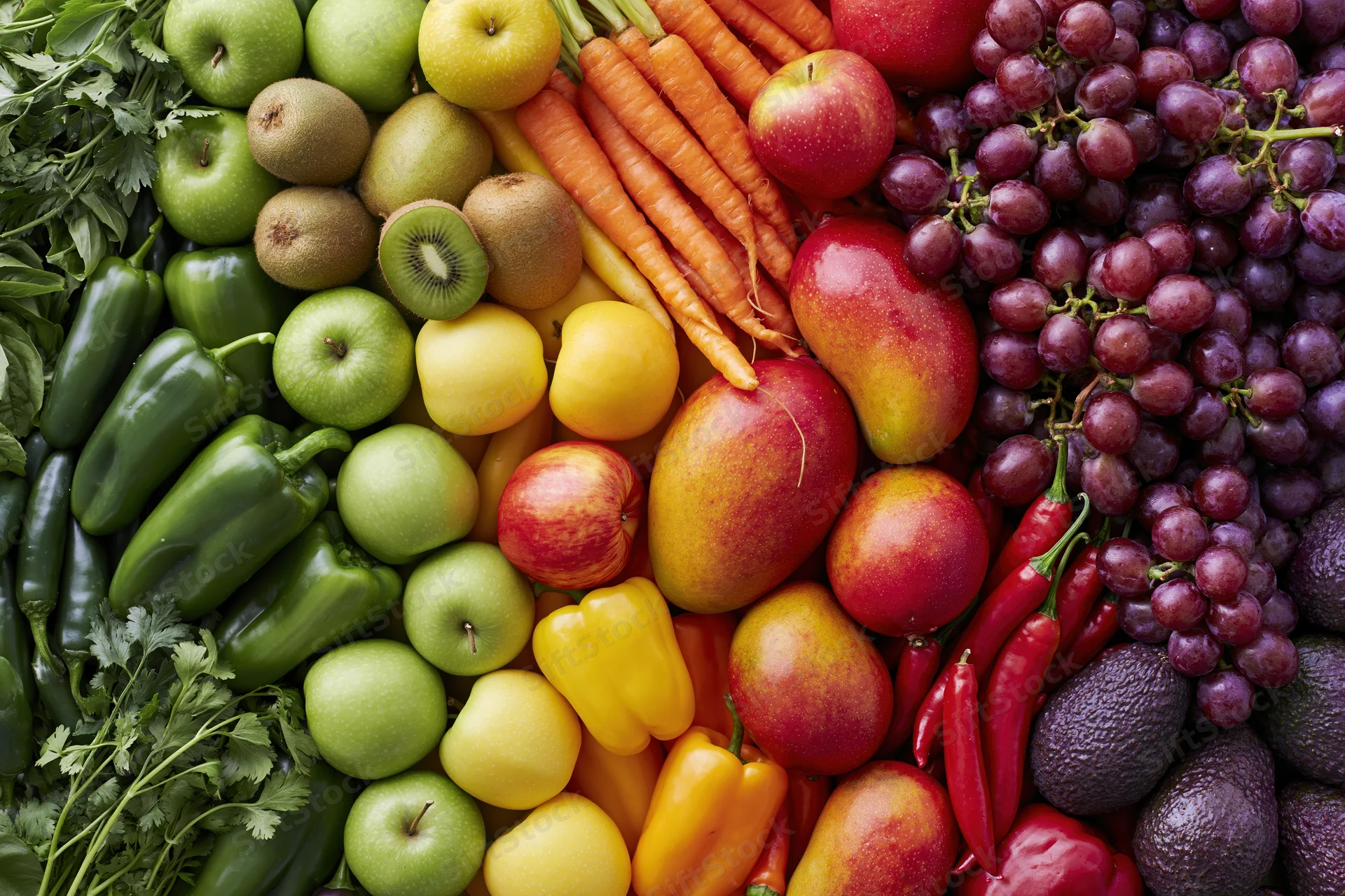 Overhead flat lay of assorted fresh fruits and vegetables arranged in colorful pattern on surface