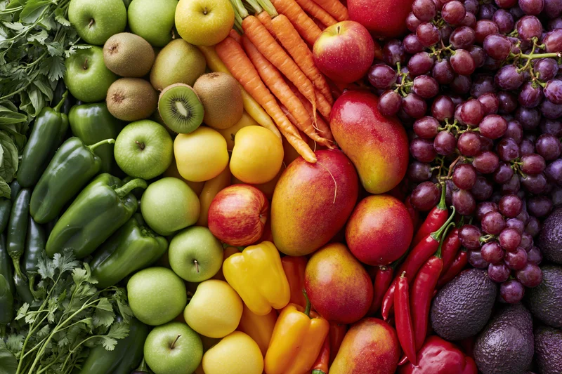 Overhead flat lay of assorted fresh fruits and vegetables arranged in colorful pattern on surface