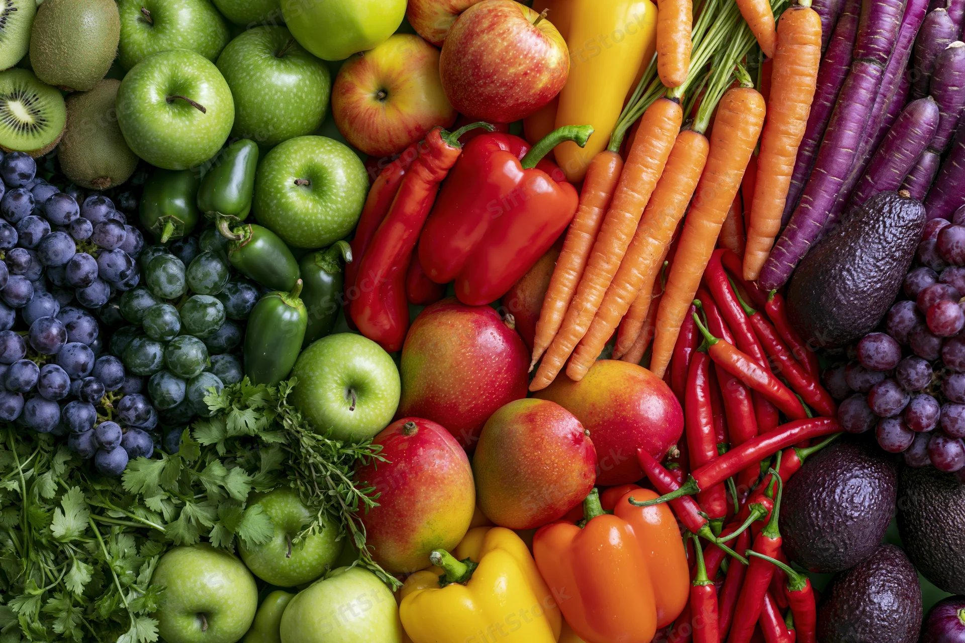 Overhead flat lay of assorted fresh fruits and vegetables arranged in a colorful pattern
