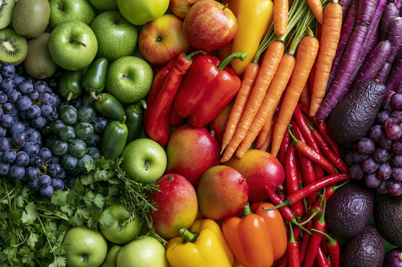 Overhead flat lay of assorted fresh fruits and vegetables arranged in a colorful pattern