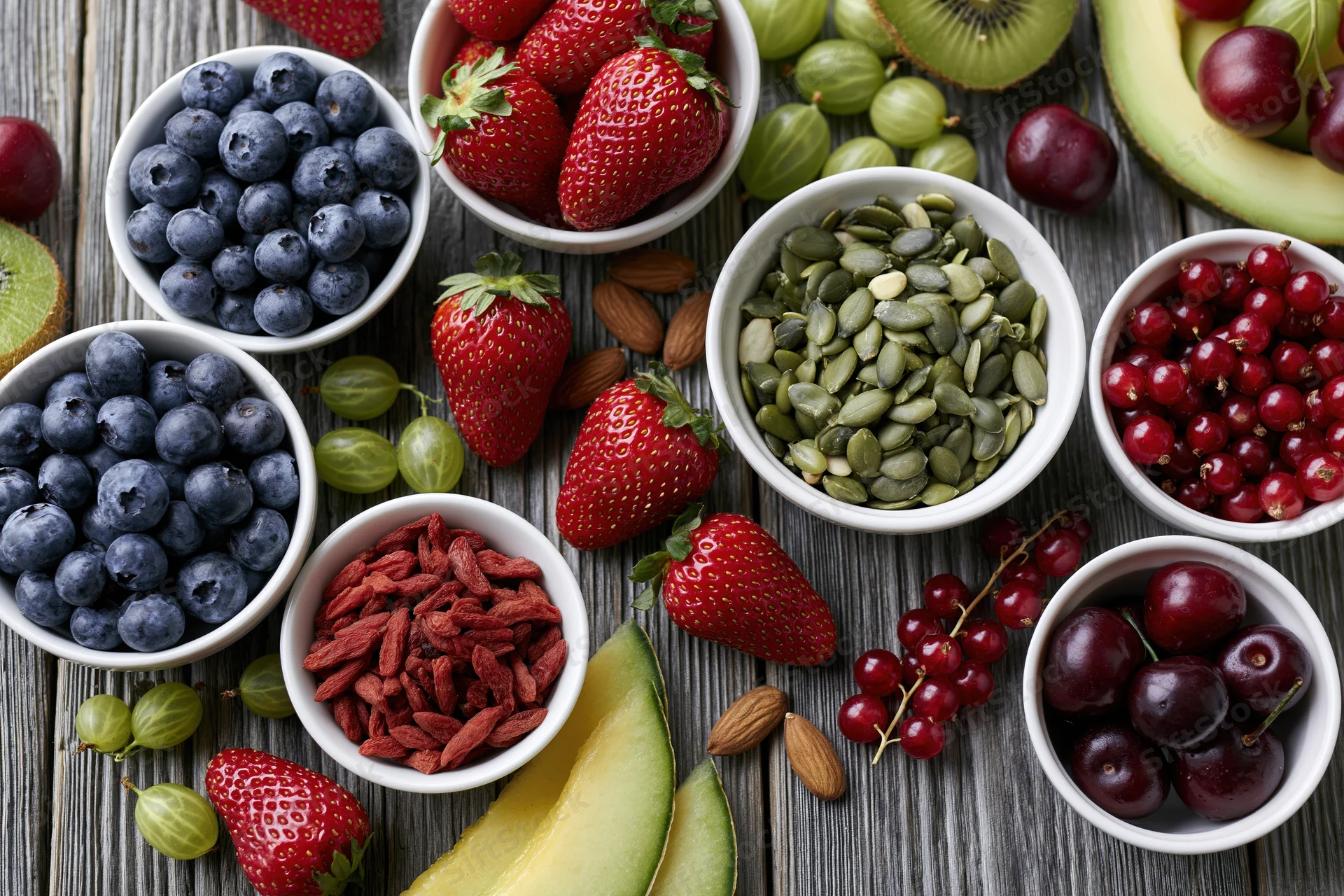 Overhead flat lay of assorted fresh fruits berries nuts and seeds in white bowls on wooden table