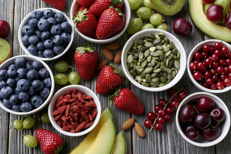 Overhead flat lay of assorted fresh fruits berries nuts and seeds in white bowls on wooden table