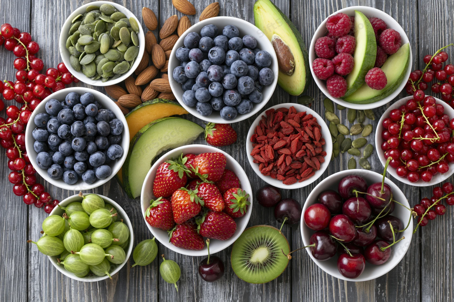 Overhead flat lay of assorted fresh fruits berries nuts and seeds on wooden table
