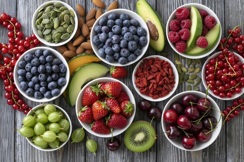 Overhead flat lay of assorted fresh fruits berries nuts and seeds on wooden table