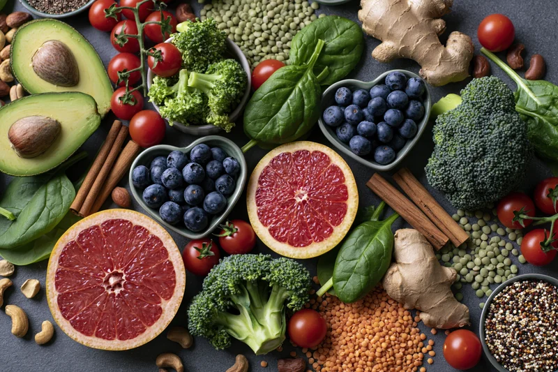 Overhead flat lay of fresh vegetables fruits and grains arranged on dark surface