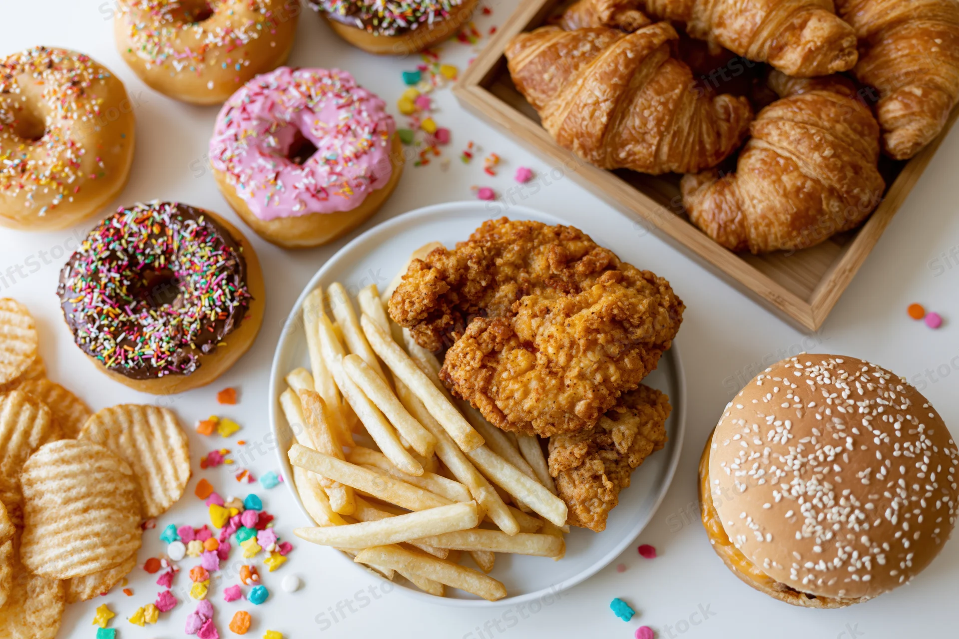 Overhead flat lay of assorted junk food including donuts, fries, chicken, burger, croissants and chips on white surface