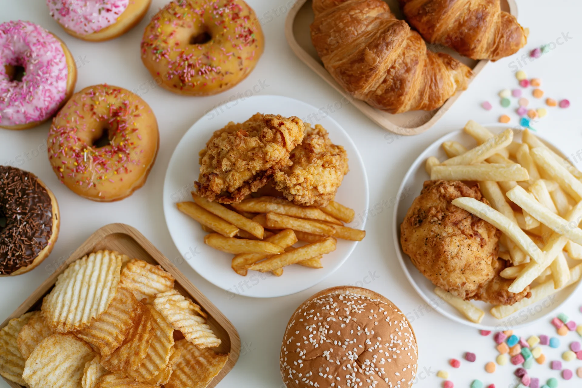 Overhead flat lay of assorted junk food including fried chicken, french fries, donuts, croissants, chips and a burger on white surface