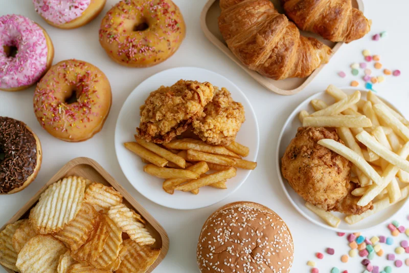 Overhead flat lay of assorted junk food including fried chicken, french fries, donuts, croissants, chips and a burger on white surface