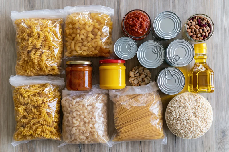 Assorted pantry staples arranged in flat lay on wooden surface