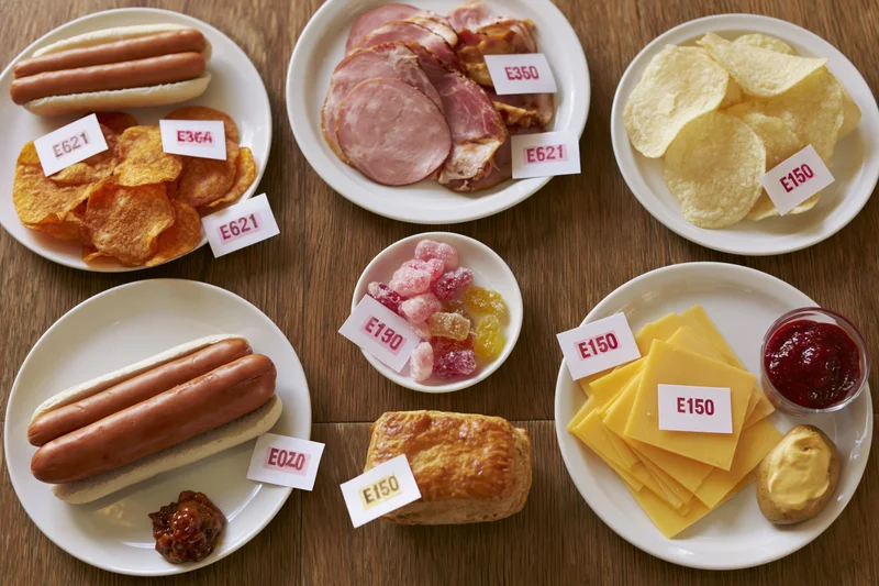 Overhead flat lay of processed foods on white plates with E additive labels on a wooden table