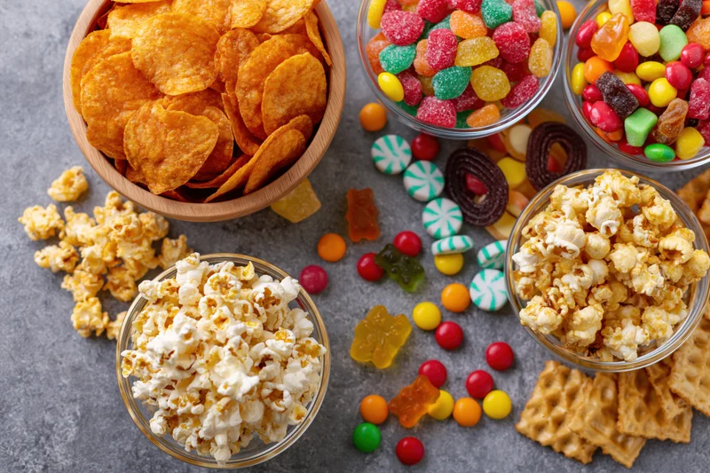 Assorted snacks and candies arranged in bowls and scattered on a gray surface in overhead flat lay view