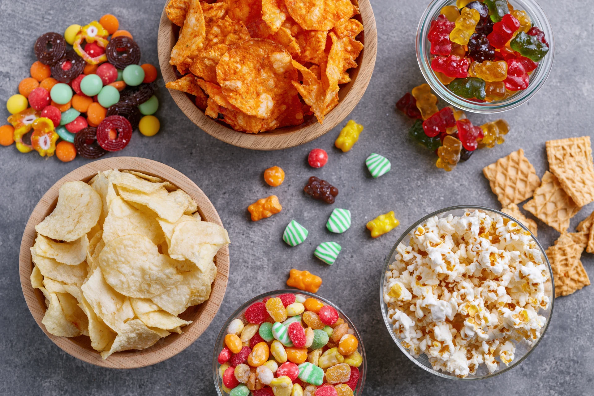 Assorted snacks and candies arranged in bowls and scattered on a gray surface in overhead flat lay view