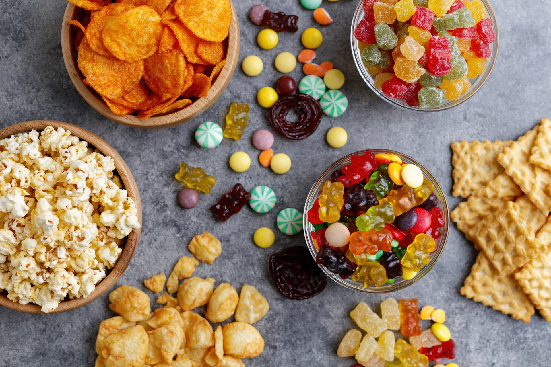 Assorted snacks and candies arranged in bowls and scattered on a gray surface in overhead flat lay view
