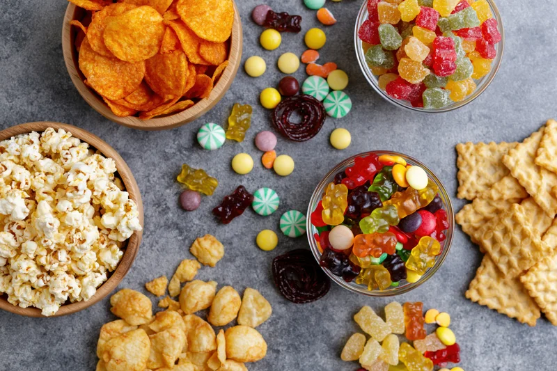 Assorted snacks and candies arranged in bowls and scattered on a gray surface in overhead flat lay view
