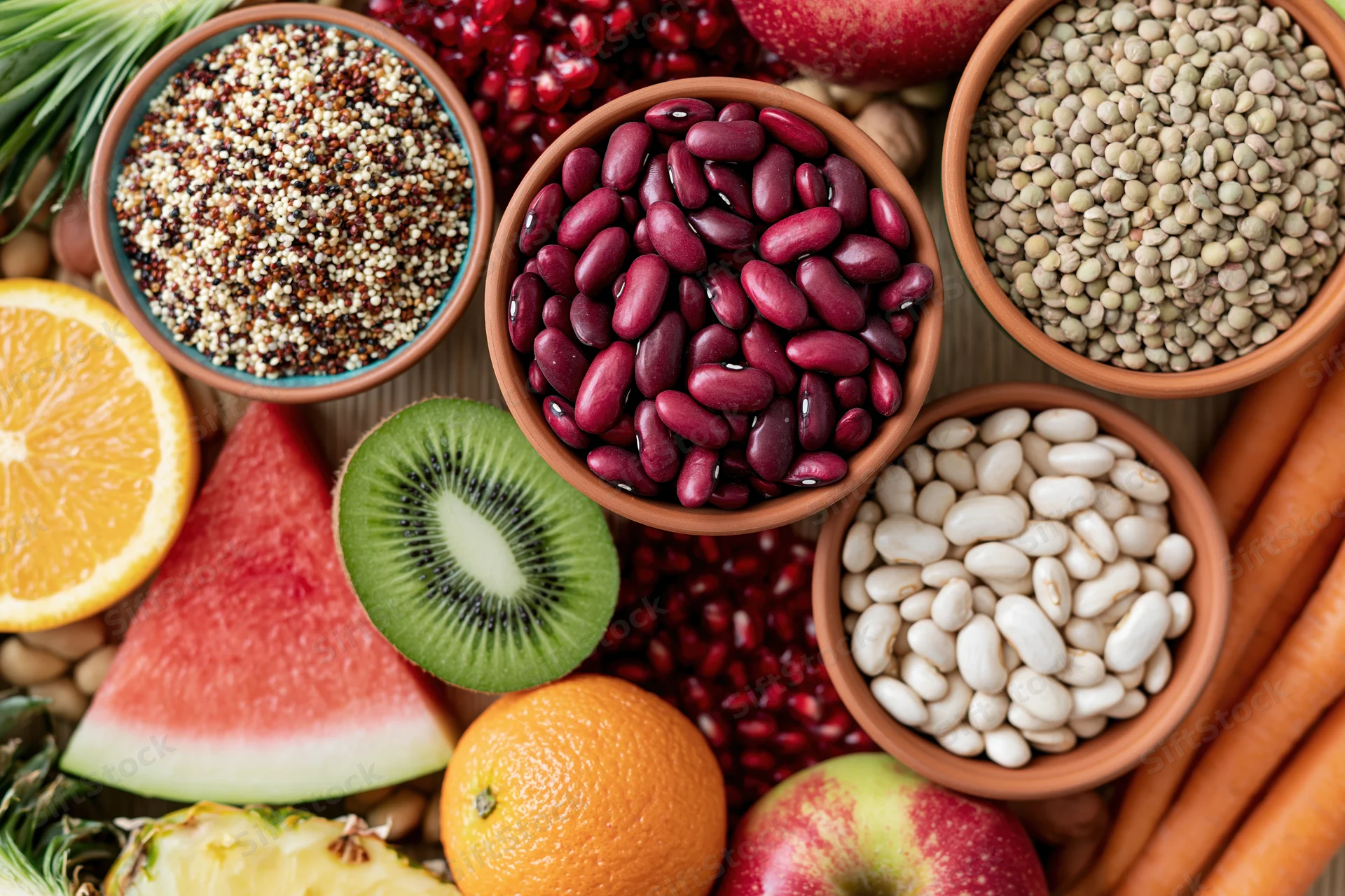 Overhead flat lay of assorted whole foods densely arranged on wooden surface with bowls of beans, quinoa, lentils, fruits and vegetables