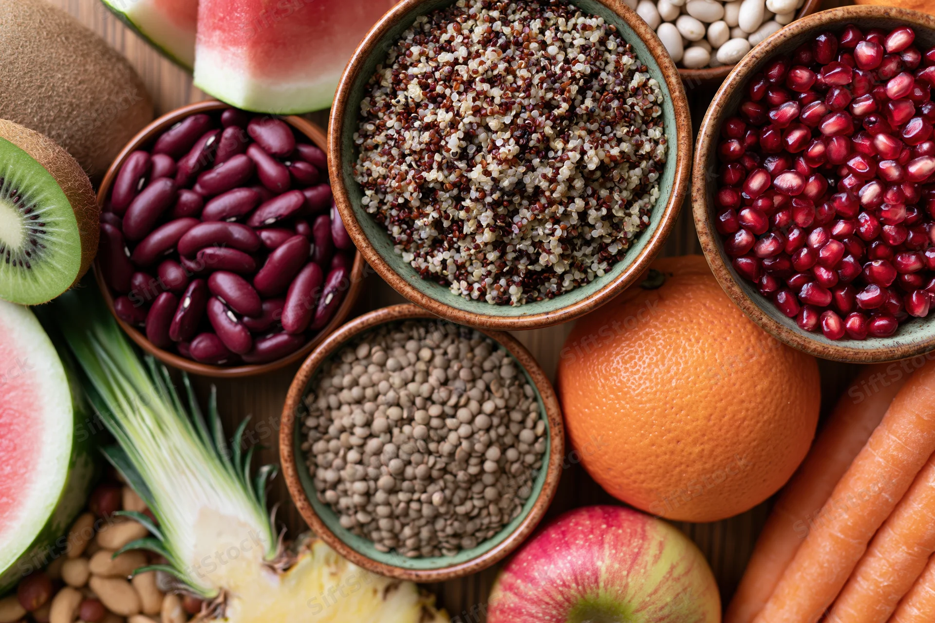 Overhead flat lay of assorted whole foods densely arranged on wooden surface