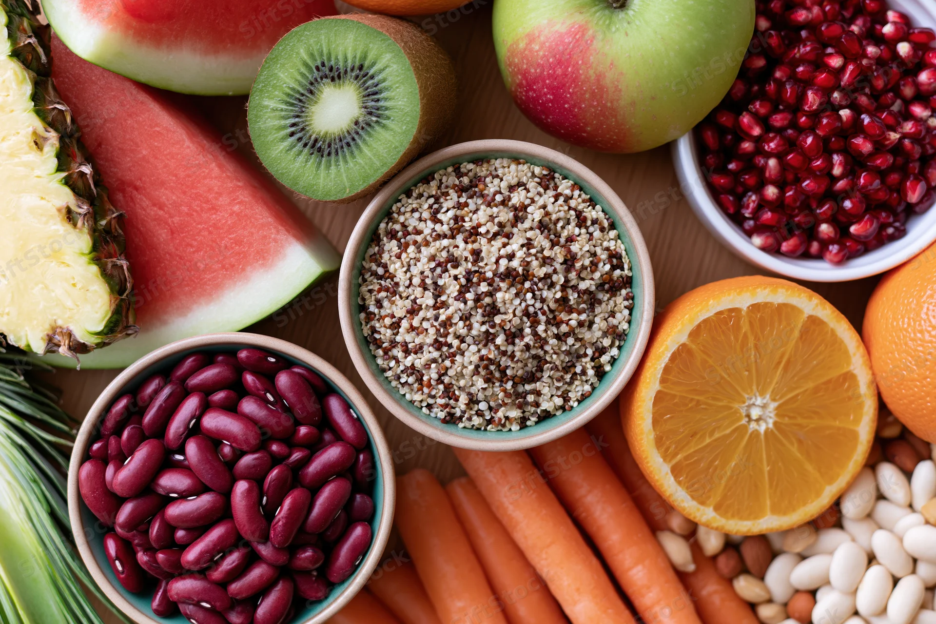 Overhead flat lay of assorted whole foods densely arranged on wooden surface