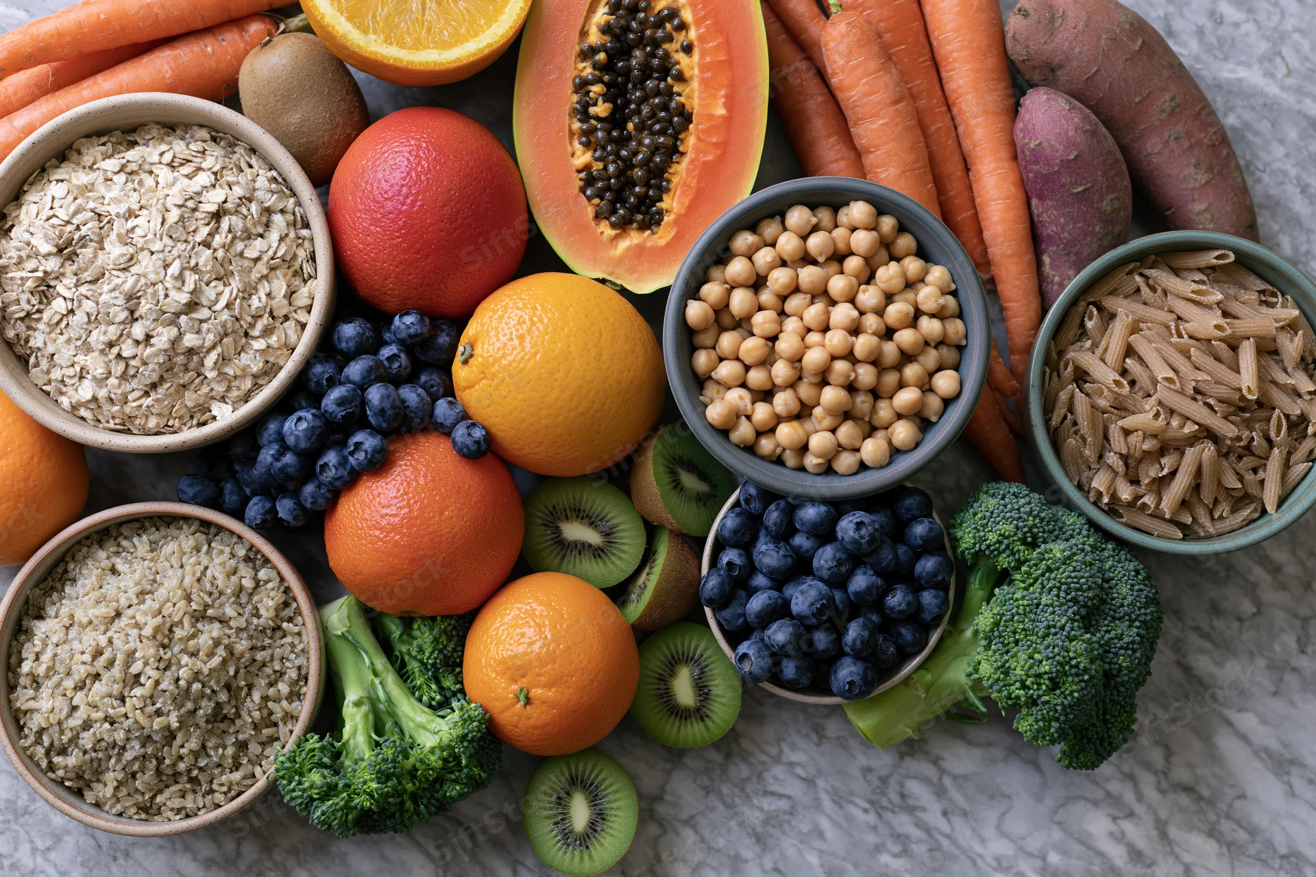Overhead flat lay of assorted whole foods fruits vegetables and grains on marble surface
