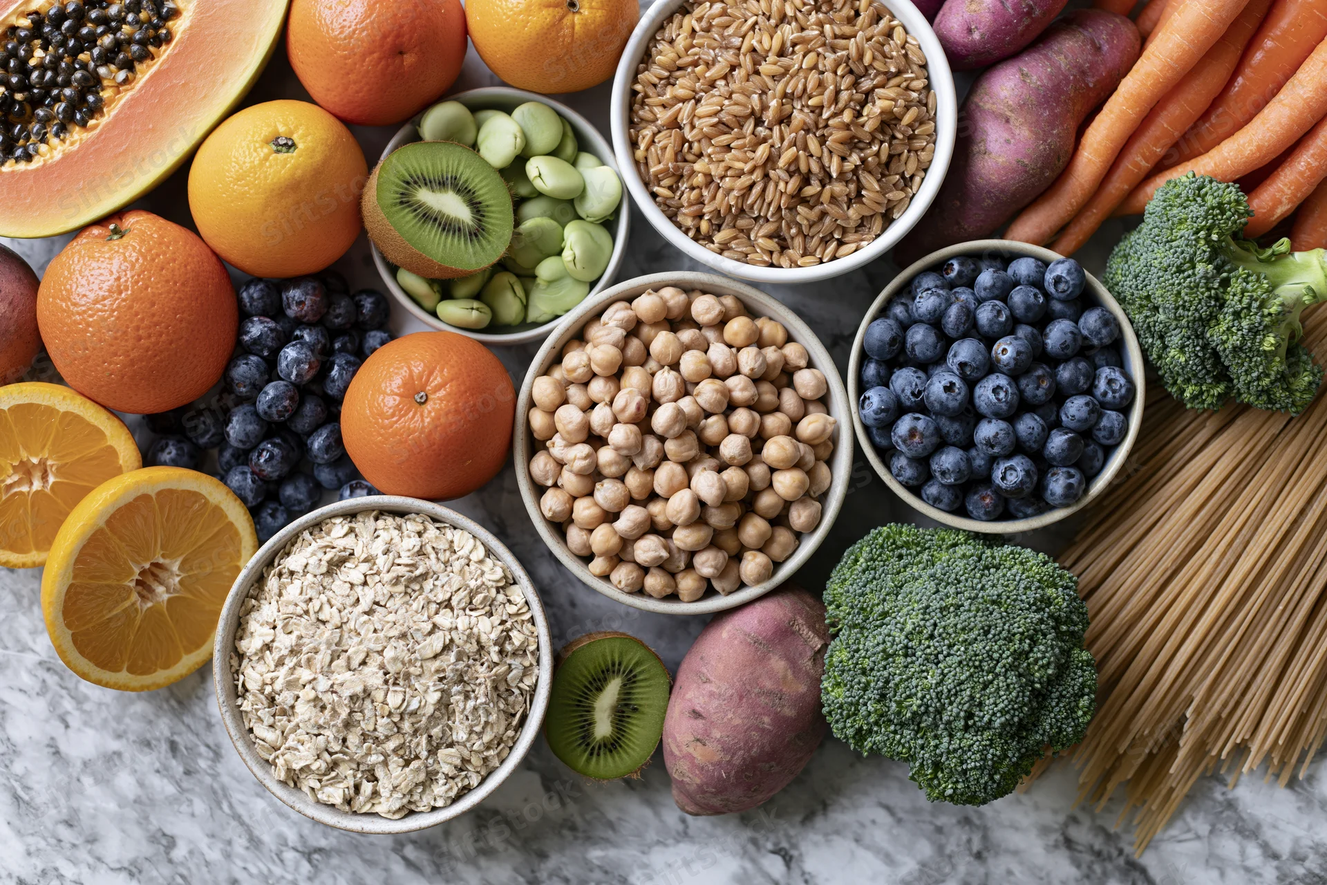 Overhead flat lay of assorted whole foods including fruits vegetables grains legumes and nuts on marble surface