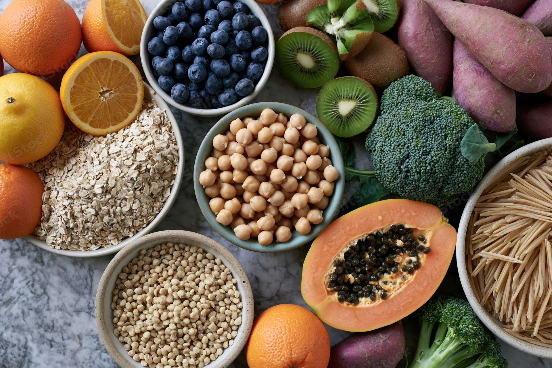 Overhead flat lay of assorted whole foods including fruits vegetables grains legumes and nuts on marble surface