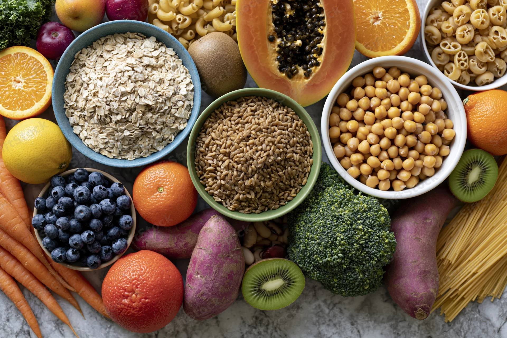 Overhead flat lay of assorted whole foods including fruits vegetables grains legumes and nuts arranged on a countertop